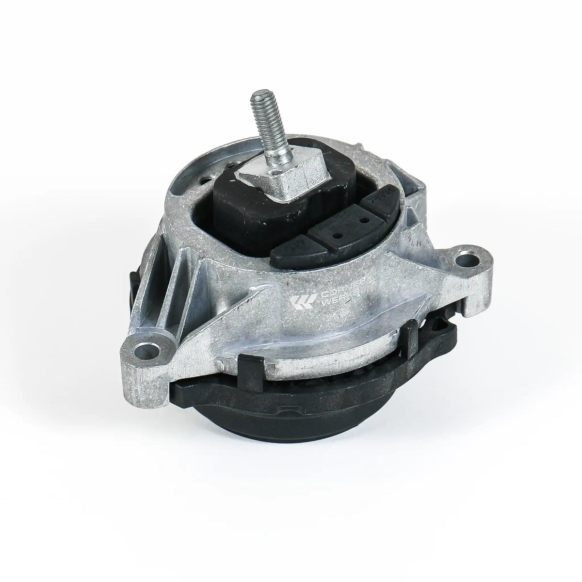 An automotive engine mount with a silver cast aluminum housing, black rubber bushings, and a threaded bolt assembly, photographed on a white background.