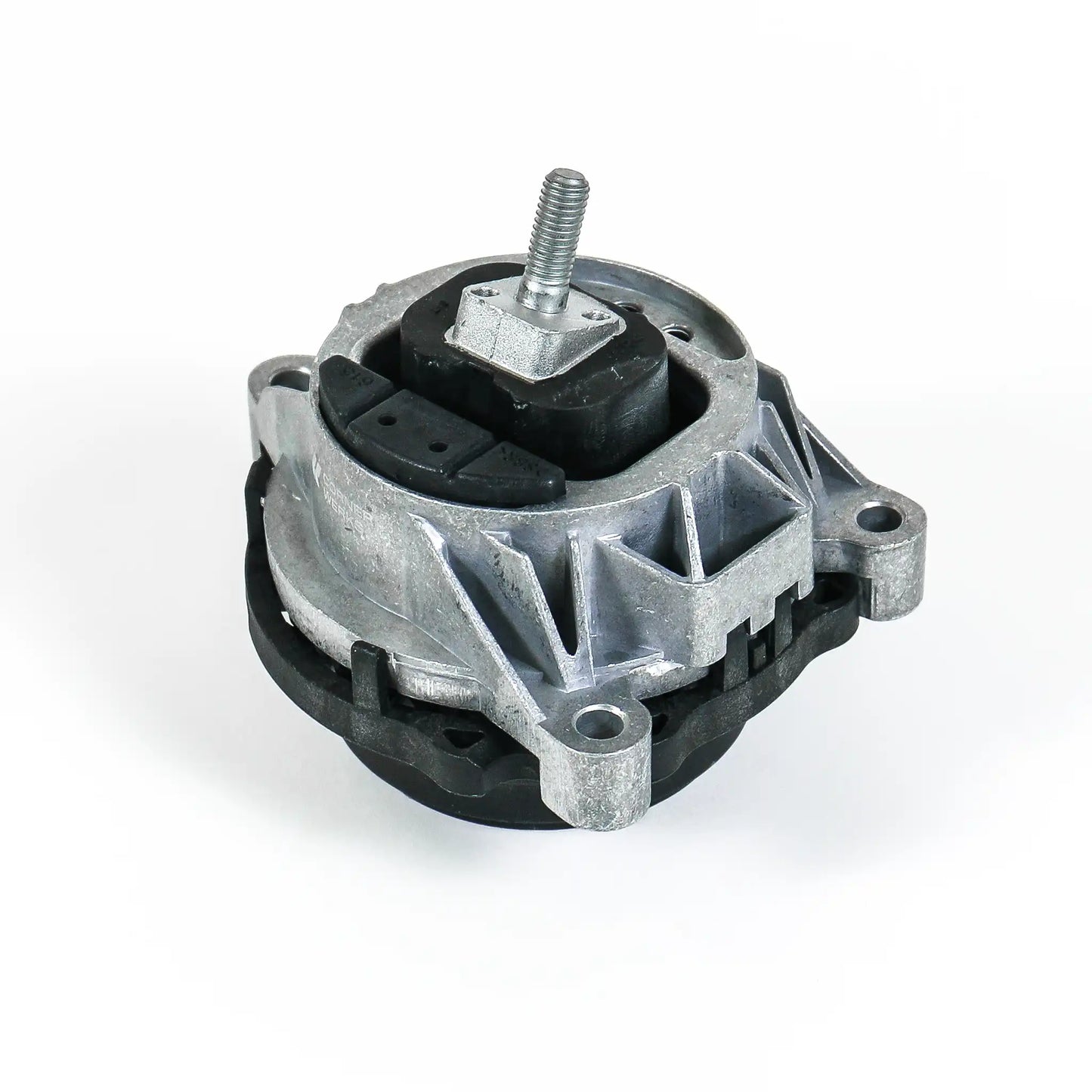 An automotive alternator mount assembly featuring a silver cast aluminum housing, black rubber bushings, and a threaded metal bolt, shown on a white background.